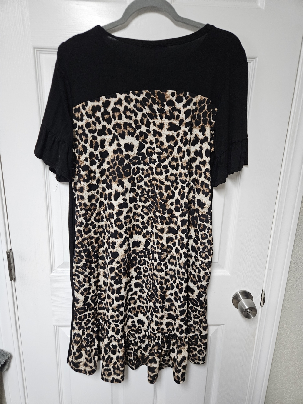 Black Short Sleeve Women's Dress with Leopard Trim